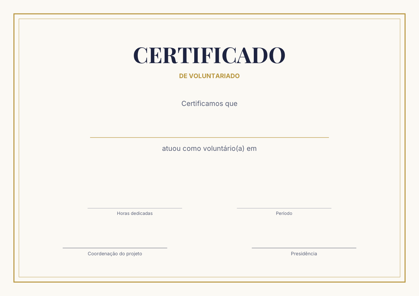 Prévia do modelo de certificado de voluntariado com espaços para nome do participante, projeto ou atividade, horas dedicadas, período